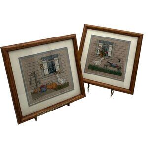 2 CROSS STITCH needlepoint wall art Harvest Light goose duck pumpkin handmade